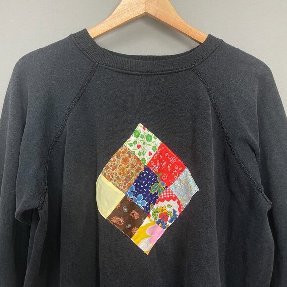 Vintage Patchwork Sweatshirt Black Size Large Quilt Patch One-Of-A-Kind Unique - Picture 3 of 13